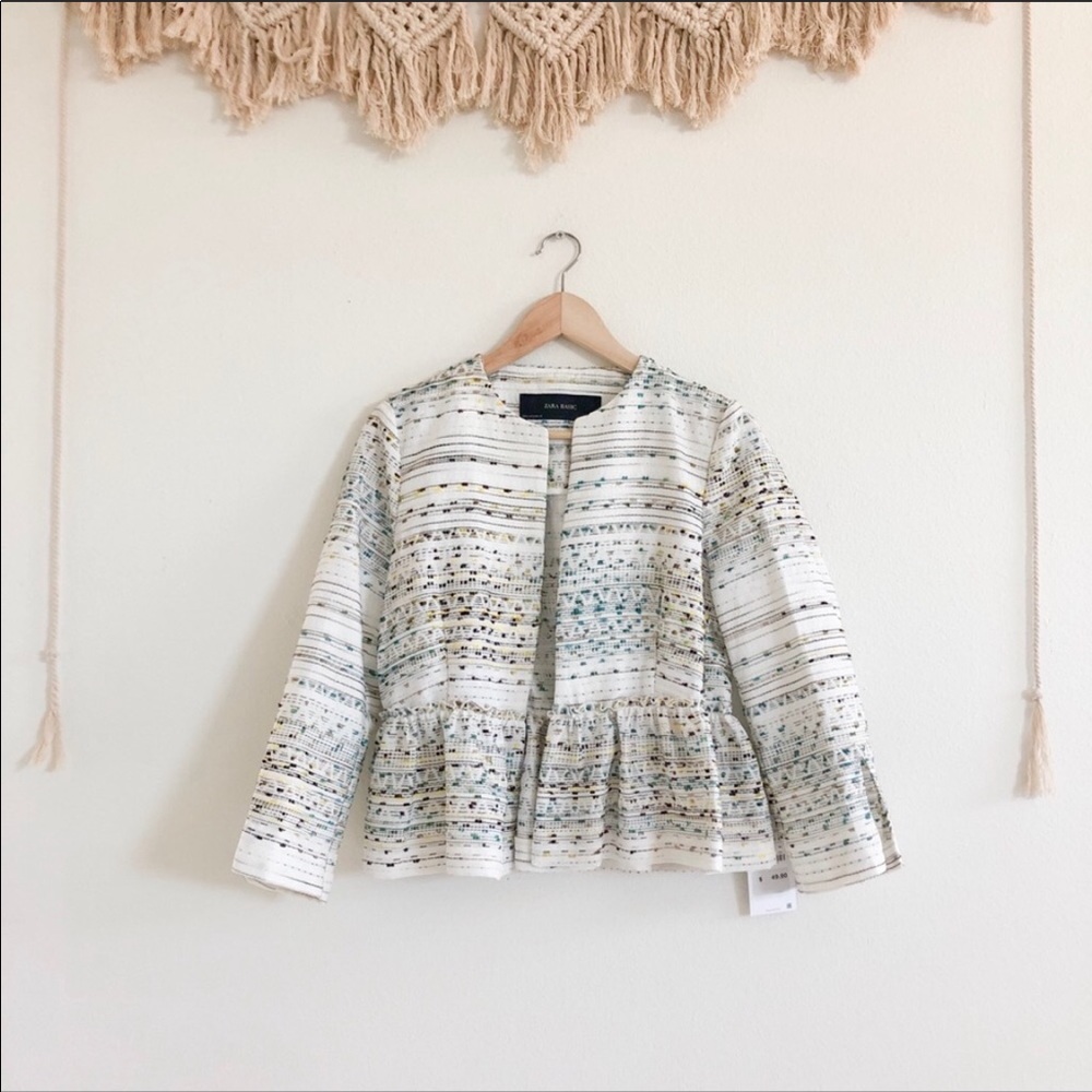 Zara White Peplum Blazer w Colorful Embroidery NWT
